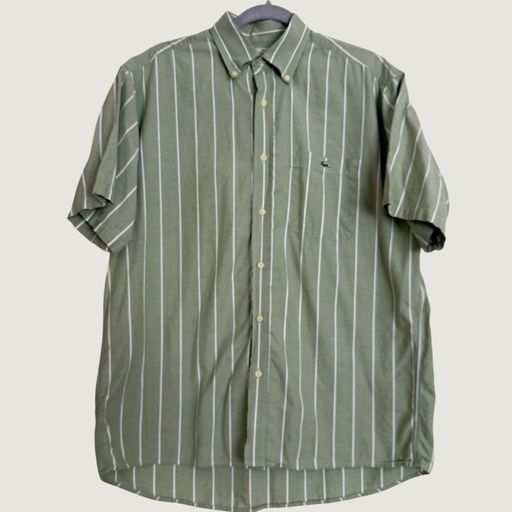 Chemise Lacoste Mens Striped Short Sleeve Button Down Shirt Green White Size 40